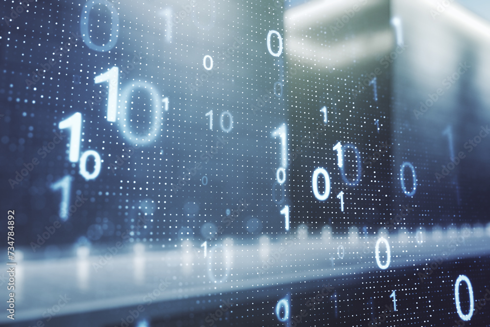 Aufkleber double exposure of abstract virtual binary code hologram on modern business center exterior backgrou