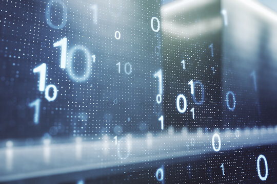 Double exposure of abstract virtual binary code hologram on modern business center exterior background. Database and programming concept - Powered by Adobe