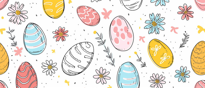 Horizontal Easter doodle floral pattern