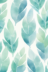 Illustration with green and blue pastel colored leaves watercolor. Beautiful watercolor background in warm colors.