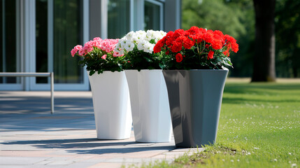 outdoor plants in large pots in the garden. Row of big plant pots. A stylish modern floral home decor in minimal style.
