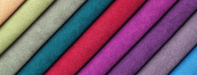 Sample of velvet and velours textile various colors, background. Catalog and swatch tone of...