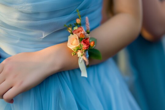 closeup of a wrist corsage on a girls arm in a blue gown
