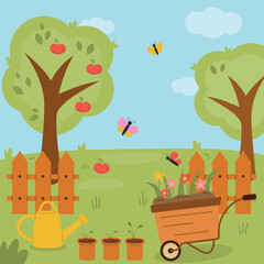 Garden landscape with tools, seedlings and plants, apple tree, watering can, wheelbarrow and flowers, gardening illustration