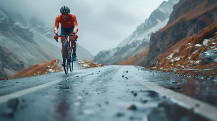 Fotobehang Alpen Cyclist in mountain landscape.