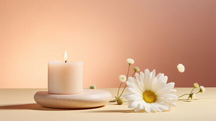 Lighted aromatic candles are placed on a wooden cream colored circular platform and Daisy flowers all around on a light blue background