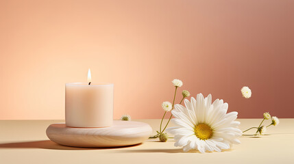 Lighted aromatic candles are placed on a wooden cream colored circular platform and Daisy flowers all around on a light blue background created with Generative AI Technology 