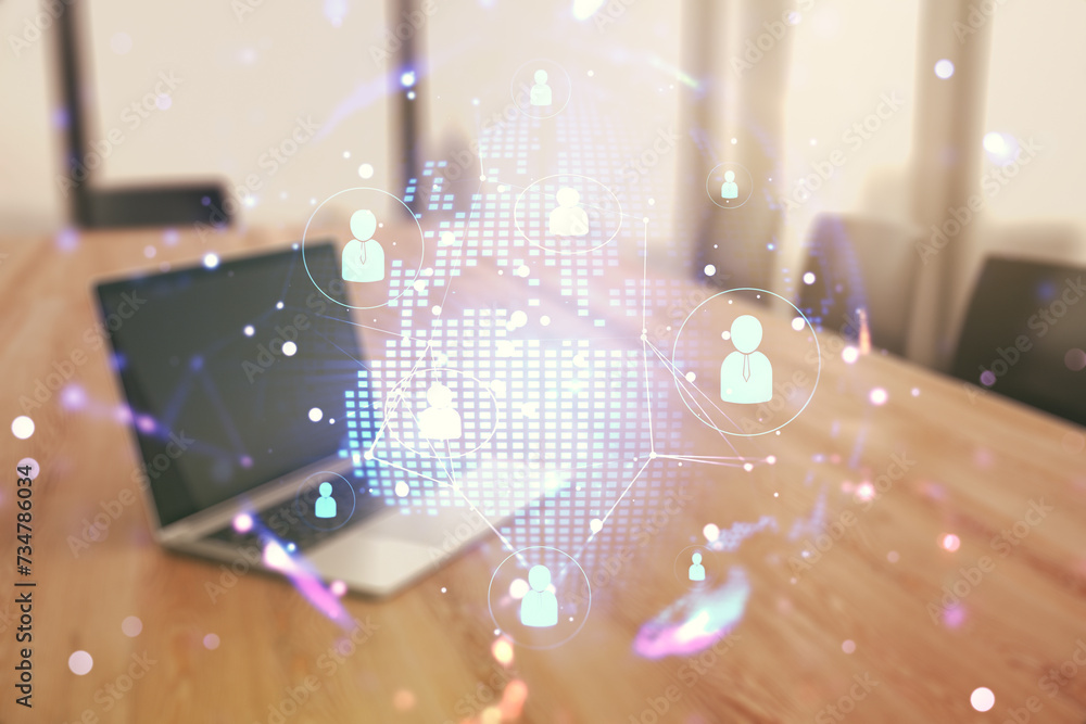 Aufkleber Social network media concept with world map and modern computer on background. Double exposure