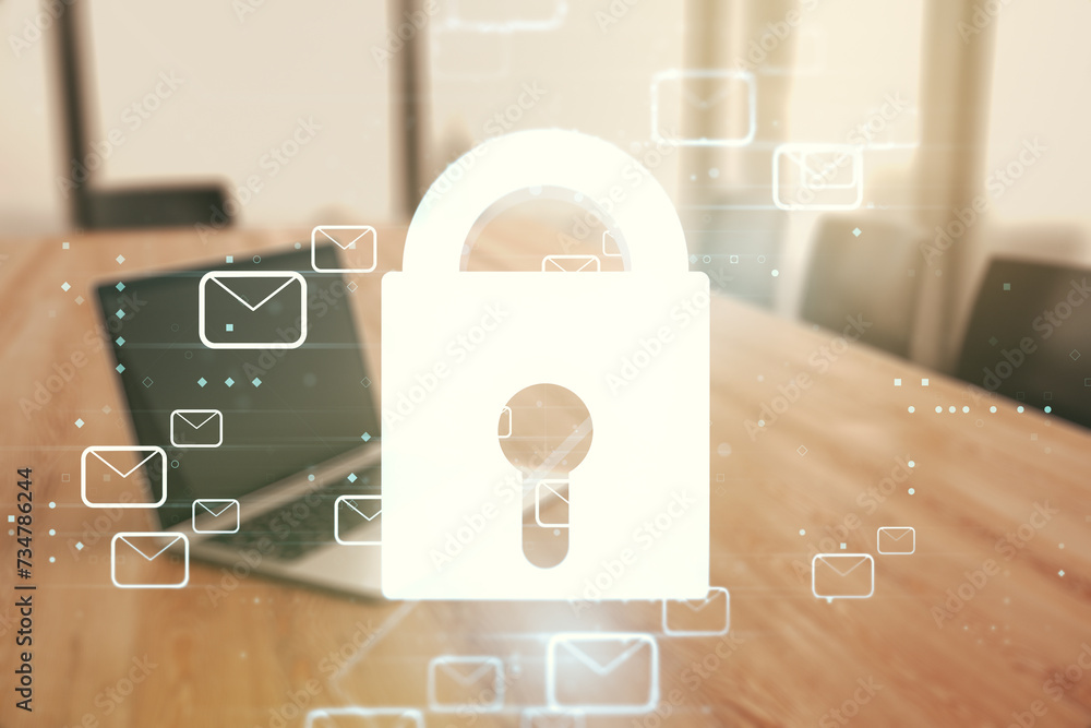 Poster double exposure of creative lock hologram with email symbols on laptop background. information secur