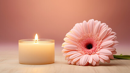 Lighted aromatic candles are placed on a wooden cream colored circular platform and pink Gerbera Daisy Herbras flowers all around on a light pink background created with Generative AI Technology