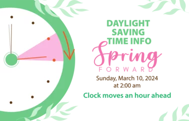 Deurstickers Daylight Saving Time Begins info banner. Vector illustration of clock and schedule with calendar date of changing time in march 10, 2024. Spring Forward vector illustration banner. Change clocks ahead © Tsareva.pro