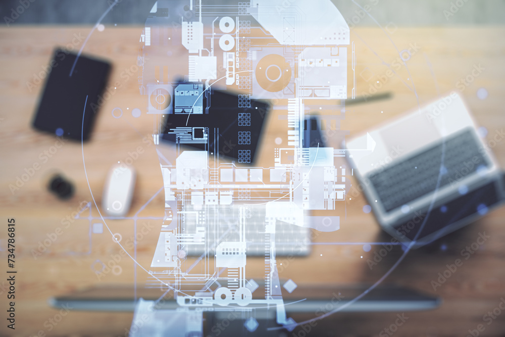 Aufkleber Double exposure of creative artificial Intelligence symbol with modern laptop on background. Neural networks and machine learning concept