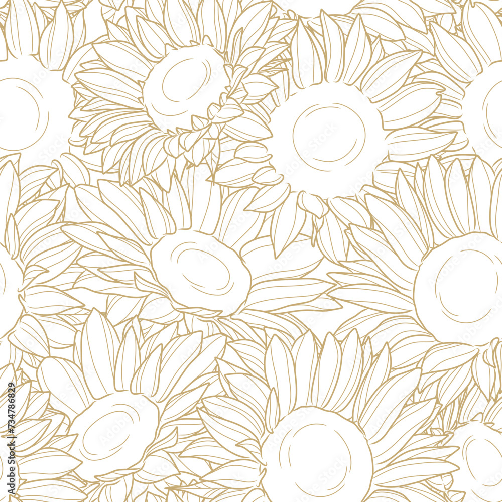 Poster sunflower elegant line art vector pattern, seamless floral repeat tile