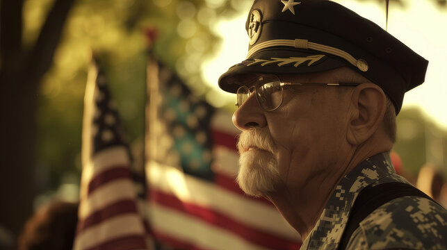 elderly veteran of the US Armed Forces in front of the US flag. service in the American army and veteran concept