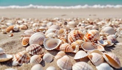 Fototapeta na wymiar A lot of seashells on a sandy beach