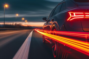 car tail lights streaking on a highway at night - obrazy, fototapety, plakaty