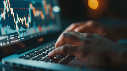 Close-up of hands typing on a laptop with stock market graphs on the screen, editorial office background. traders specializing in stocks and coins. generative AI