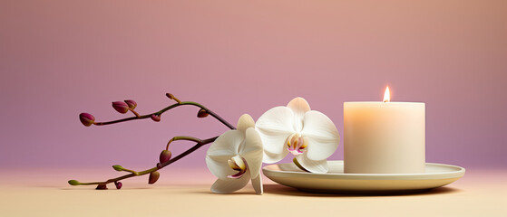 Lighted aromatic candles are placed on a wooden cream colored circular platform and white orchid flowers all around on a light beige cream background created with Generative AI Technology 