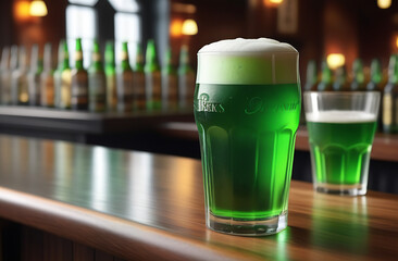 St.Patrick 's Day. Green beer in a mug stands on the bar counter. Holidays concept	
