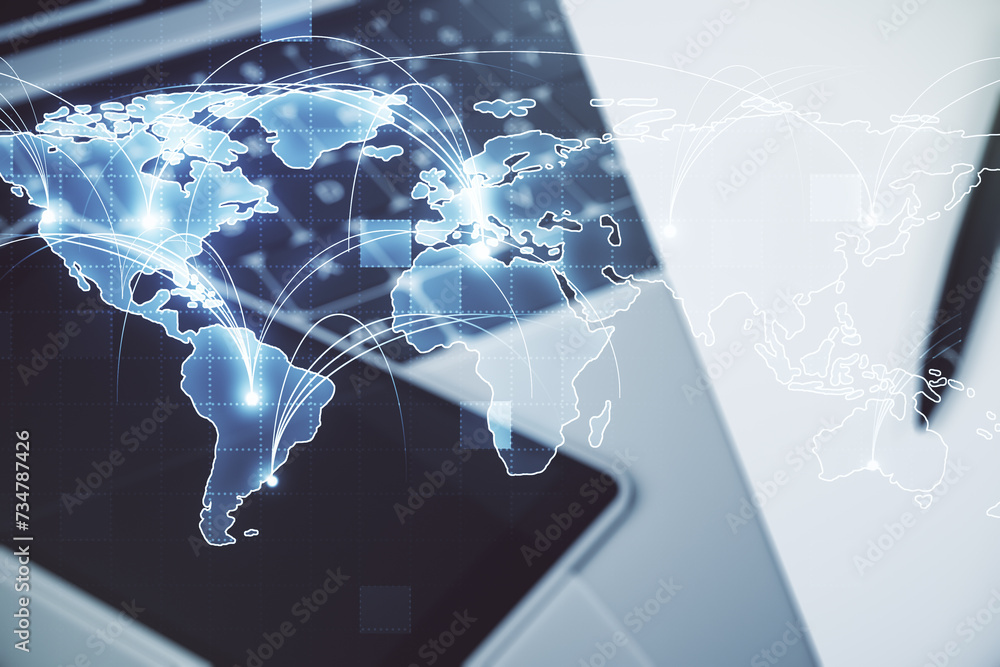 Poster Abstract graphic digital world map with connections on modern computer background, globalization concept. Multiexposure