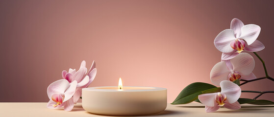 Obraz na płótnie Canvas Lighted aromatic candles are placed on a wooden cream colored circular platform and purple orchid flowers all around on a light beige cream background created with Generative AI Technology 