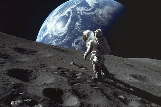 A lone astronaut walking on the moon, leaving footprints behind