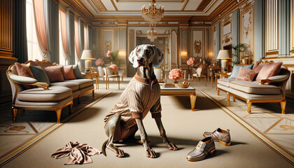 A Great Dane dog is humorously dressed in a stylish outfit, sitting in a luxurious room with elegant furniture, exuding a whimsical, aristocratic vibe.Animal representation concept.AI generated.