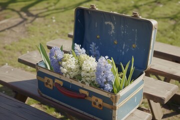 open suitcase with hyacinths on a wooden picnic table
