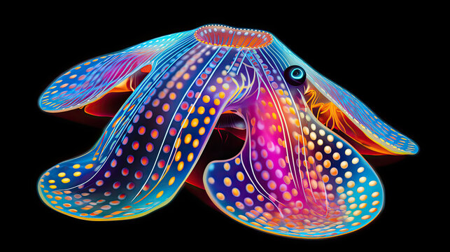 The colorful seashell of the turpin cuttlefish is made of thousands of evenly spaced round dots in glow in dark neon colors on a dark background