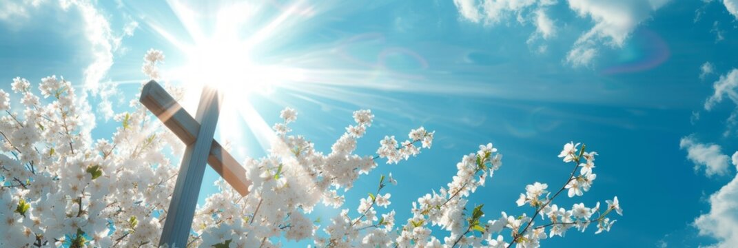 Wooden Cross and Spring Blossoms Under Heavenly Sun