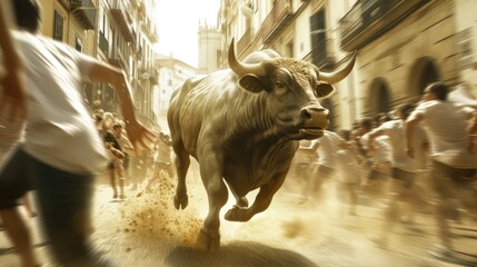 The Famous Bull Chase in Pamplona, Spain