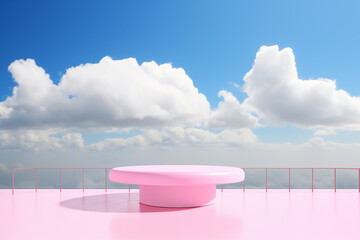 Fototapeta premium Présentation produit avec podium rose et des nuages, fraicheur, scène de cosmétique, scène jus de fruit et boisson, naturel, lumière douce, ombres