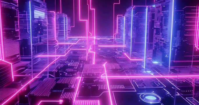 Abstract, Bitcoin mine in the year 2150 lit by neon purple