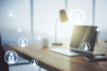 Social network concept with modern laptop on background. Multiexposure