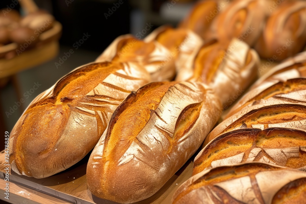 Wall mural baked loaves with a crisp crust in a display