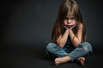Wistful little girl in t shirt and jeans sitting with tighten legs and grabbing legs with hands on and looking at camera. sad and depressed little girl sitting near the wall. banner