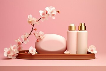 Empty podium with beauty products on pink background, adorned with spring flowers. Luxurious and minimalist flat lay template. Generative AI