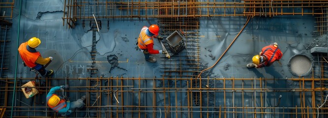 Aerial View of Construction Workers Teamwork