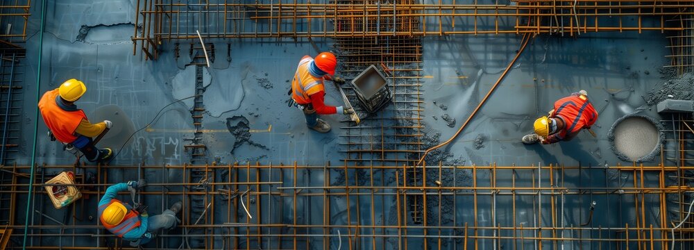 Aerial View of Construction Workers Teamwork