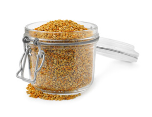 Fresh bee pollen granules in jar isolated on white