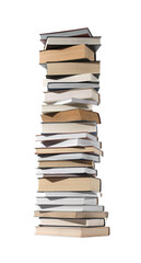 High stack of many different books isolated on white