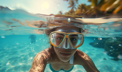Underwater View of Woman with Snorkeling Mask in Tropical Ocean in summer, perfect summertime
 - obrazy, fototapety, plakaty