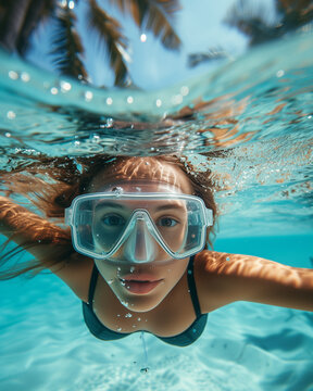 Underwater View of Woman with Snorkeling Mask in Tropical Ocean in summer, perfect summertime
