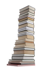 High stack of many different books isolated on white