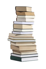 High stack of many different books isolated on white