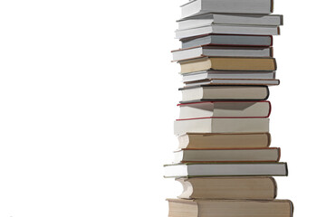 Stack of many different books isolated on white
