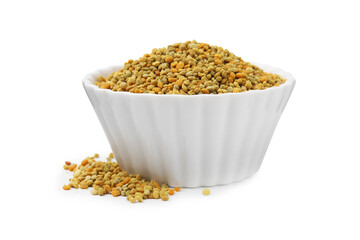 Fresh bee pollen granules in bowl isolated on white