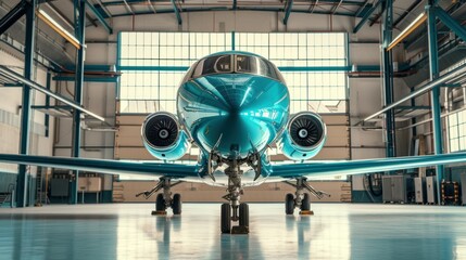Business jet airplane is in airport hangar - 734789487