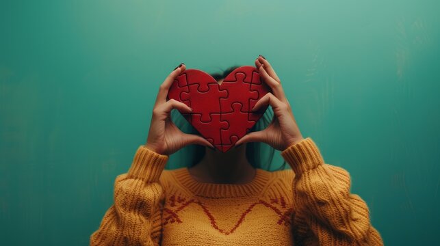 the girl is holding puzzle pieces in her hands, which come together to form a heart shape. The image exudes a positive vibe and symbolizes unity, connection and love.
