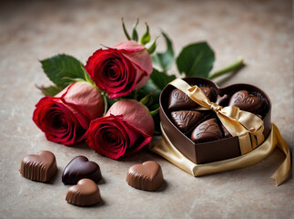 timeless appeal of romance with a classic image featuring a heart-shaped gift box filled with luxurious Valentine chocolates and surrounded by tender roses